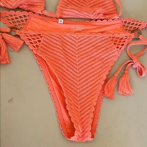 Aerie Crochet Bikini Set in Coral Top M Bottom Large